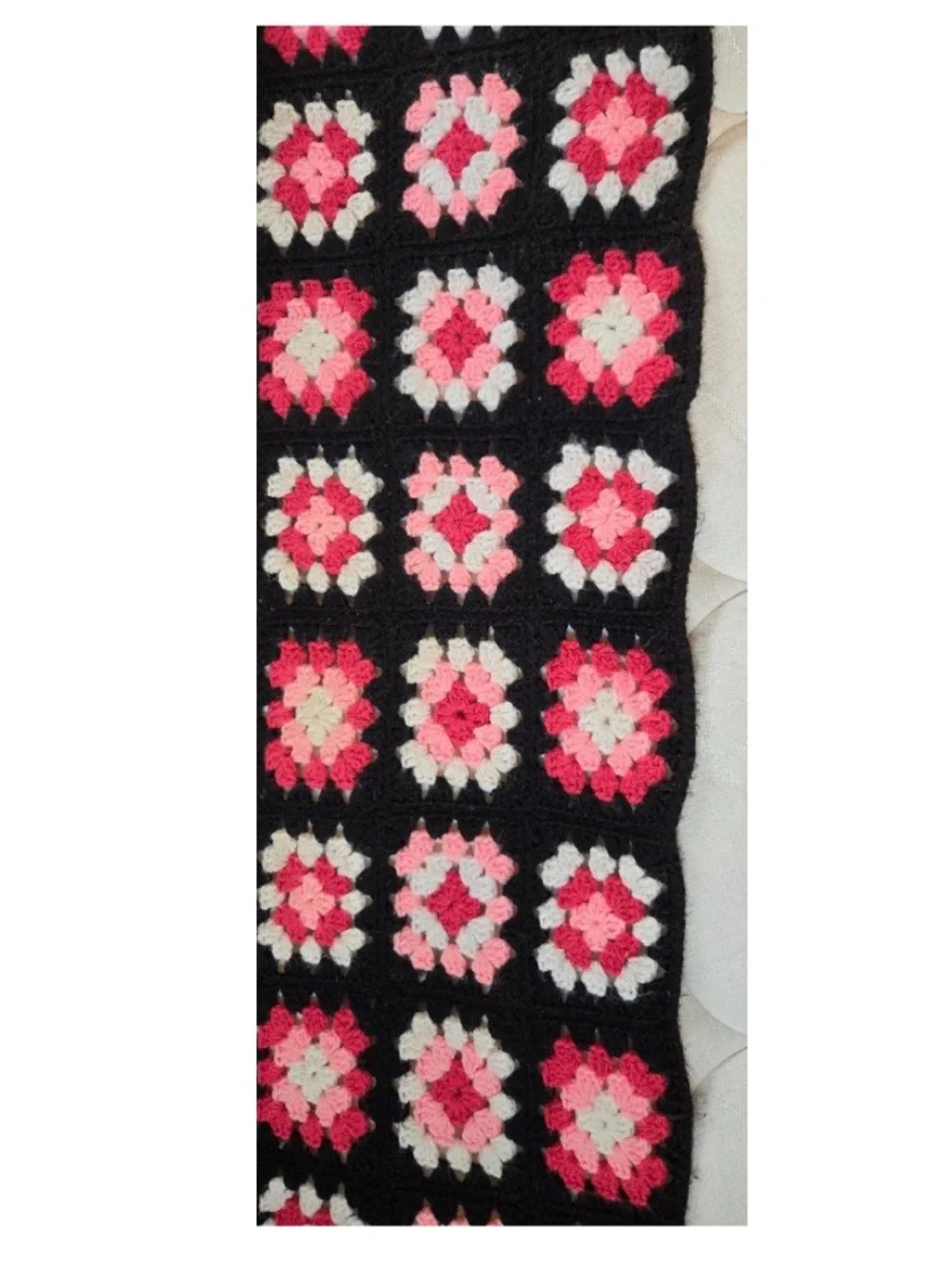 Vintage 80s Blanket Queen Hand Crocheted Black Pink White Granny Square Home VTG